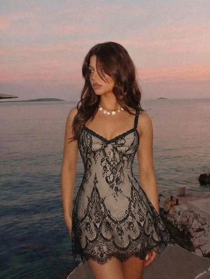 Skyraze Beige Lace Floral Lace Slip Dress, Summer, Seductive, Holiday, Vacation, Sheer Overlay, Scalloped Eyelash Hem, Adjustable Straps, Mini Length Party
