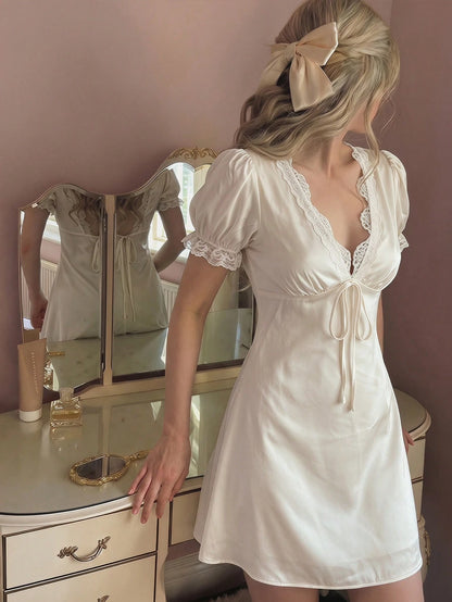 Skyraze Women's Cream White Lace Patchwork Satin Mini Dress,Summer Cottage Core Elegant Holiday Vacation, Petal Sleeve,Milkmaid French Vintage Style