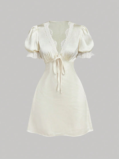 Skyraze Women's Cream White Lace Patchwork Satin Mini Dress,Summer Cottage Core Elegant Holiday Vacation, Petal Sleeve,Milkmaid French Vintage Style