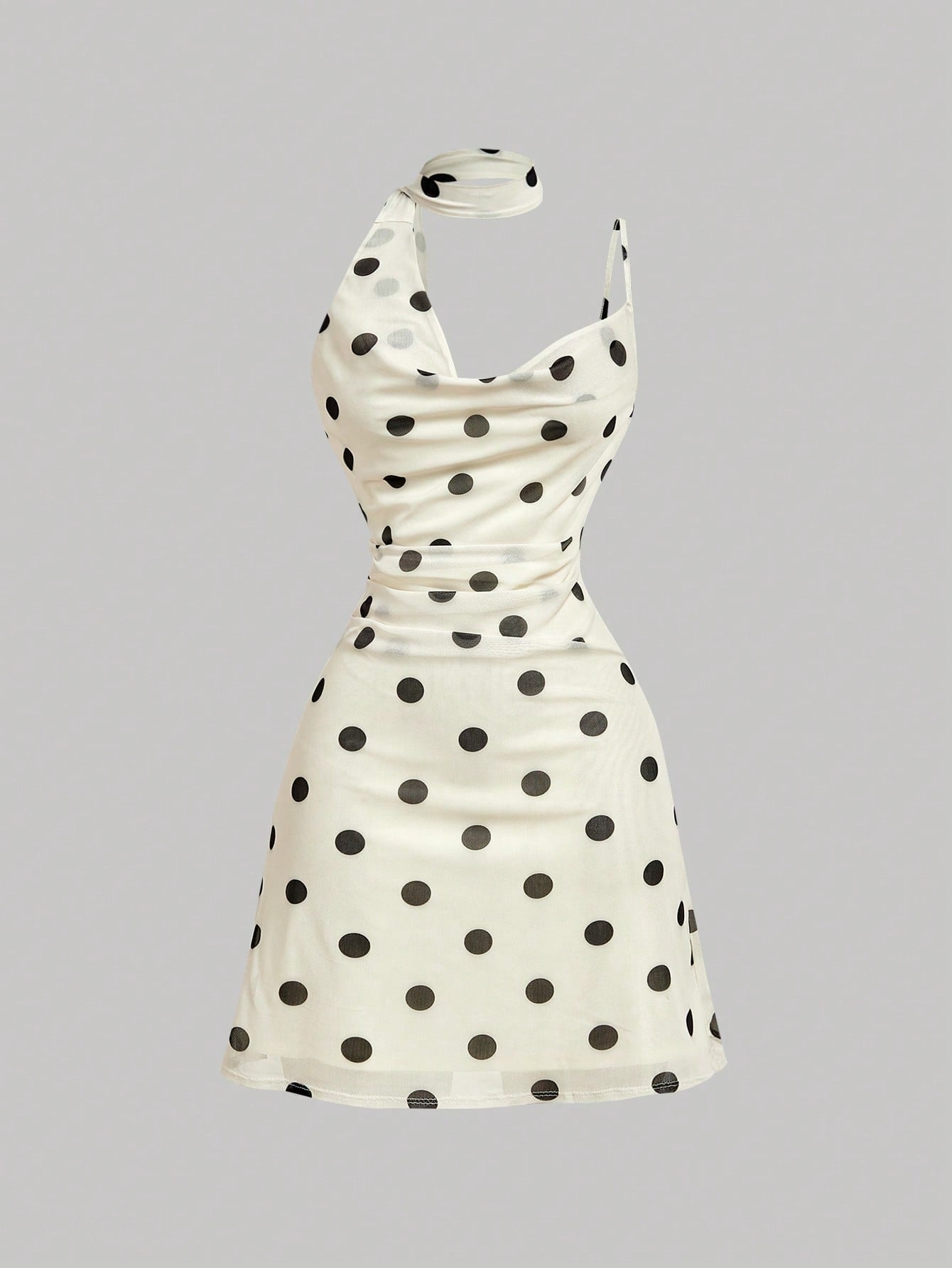 Skyraze Women's Polka Dot Black And White Ribbon Tie Neck Fitted Mini Dress,Cowl Neck Backless Design,Vintage Elegant Summer,Holiday,Vacation Prom Picnic