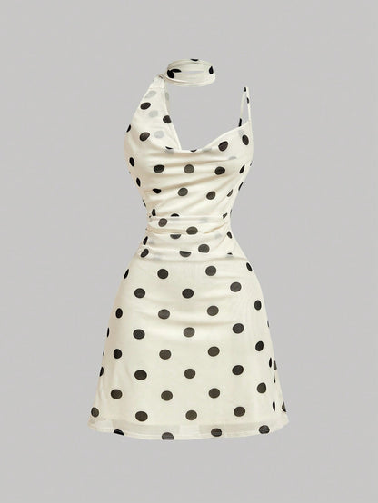 Skyraze Women's Polka Dot Black And White Ribbon Tie Neck Fitted Mini Dress,Cowl Neck Backless Design,Vintage Elegant Summer,Holiday,Vacation Prom Picnic