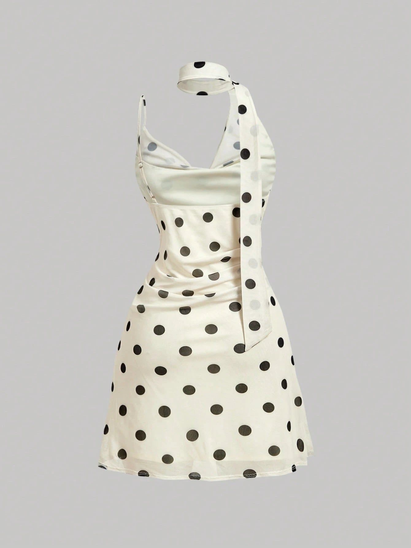 Skyraze Women's Polka Dot Black And White Ribbon Tie Neck Fitted Mini Dress,Cowl Neck Backless Design,Vintage Elegant Summer,Holiday,Vacation Prom Picnic