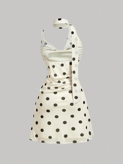 Skyraze Women's Polka Dot Black And White Ribbon Tie Neck Fitted Mini Dress,Cowl Neck Backless Design,Vintage Elegant Summer,Holiday,Vacation Prom Picnic
