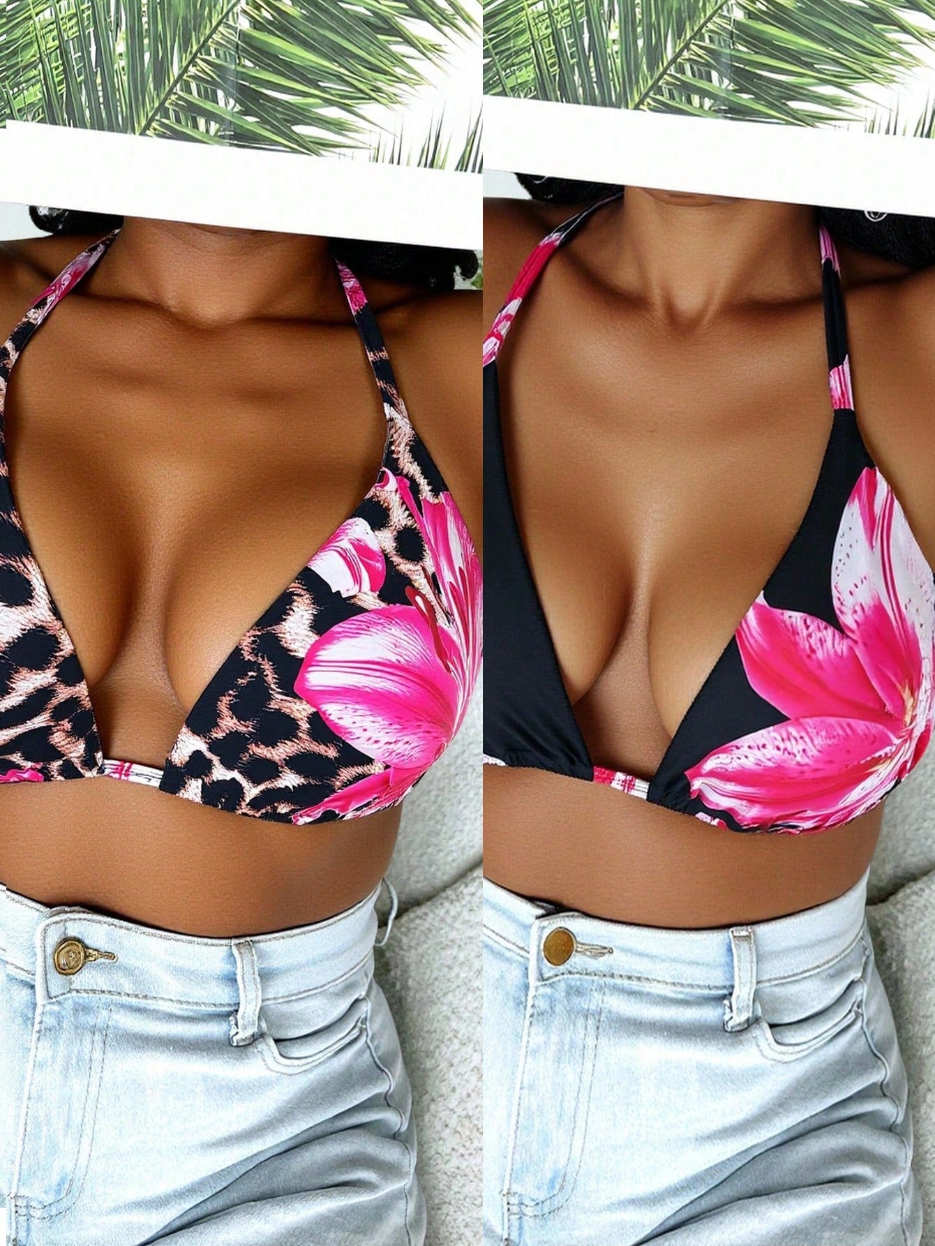 Slaydiva 1pc Plus Size Women Flower Print Halter Bikini Top, 2pcs Set