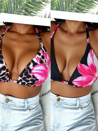 Slaydiva 1pc Plus Size Women Flower Print Halter Bikini Top, 2pcs Set