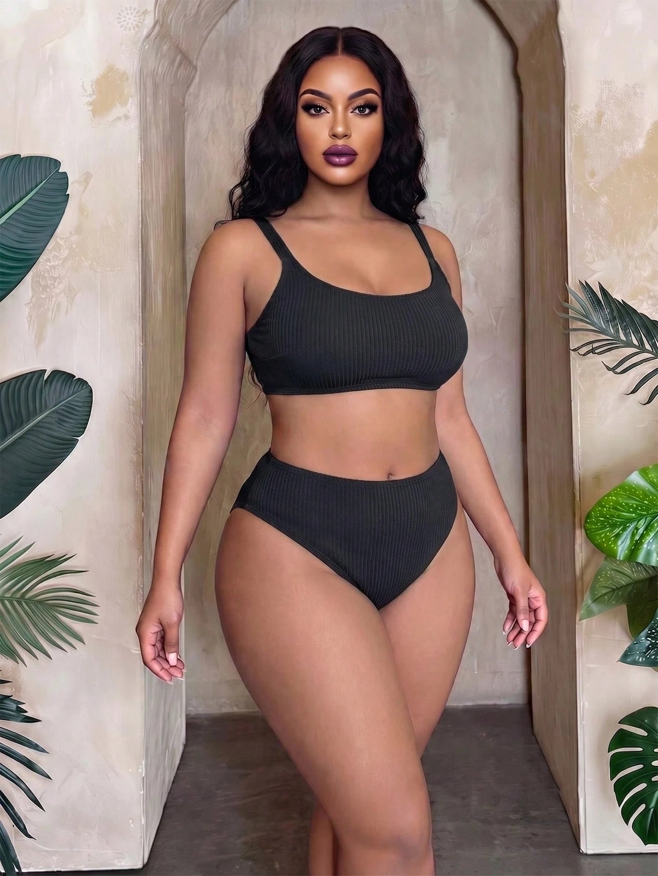 Slaydiva 2026 New Beach Vacation Minimalist Thick Adjustable Shoulder Strap Olive Green 2 Pieces Swimsuit Plus Size Swimwear Set