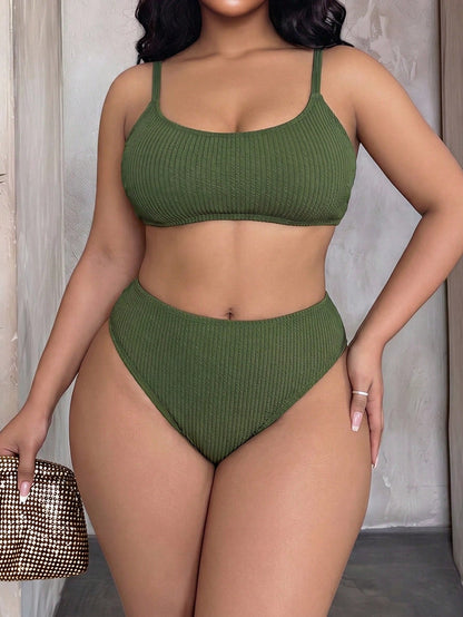 Slaydiva 2026 New Beach Vacation Minimalist Thick Adjustable Shoulder Strap Olive Green 2 Pieces Swimsuit Plus Size Swimwear Set