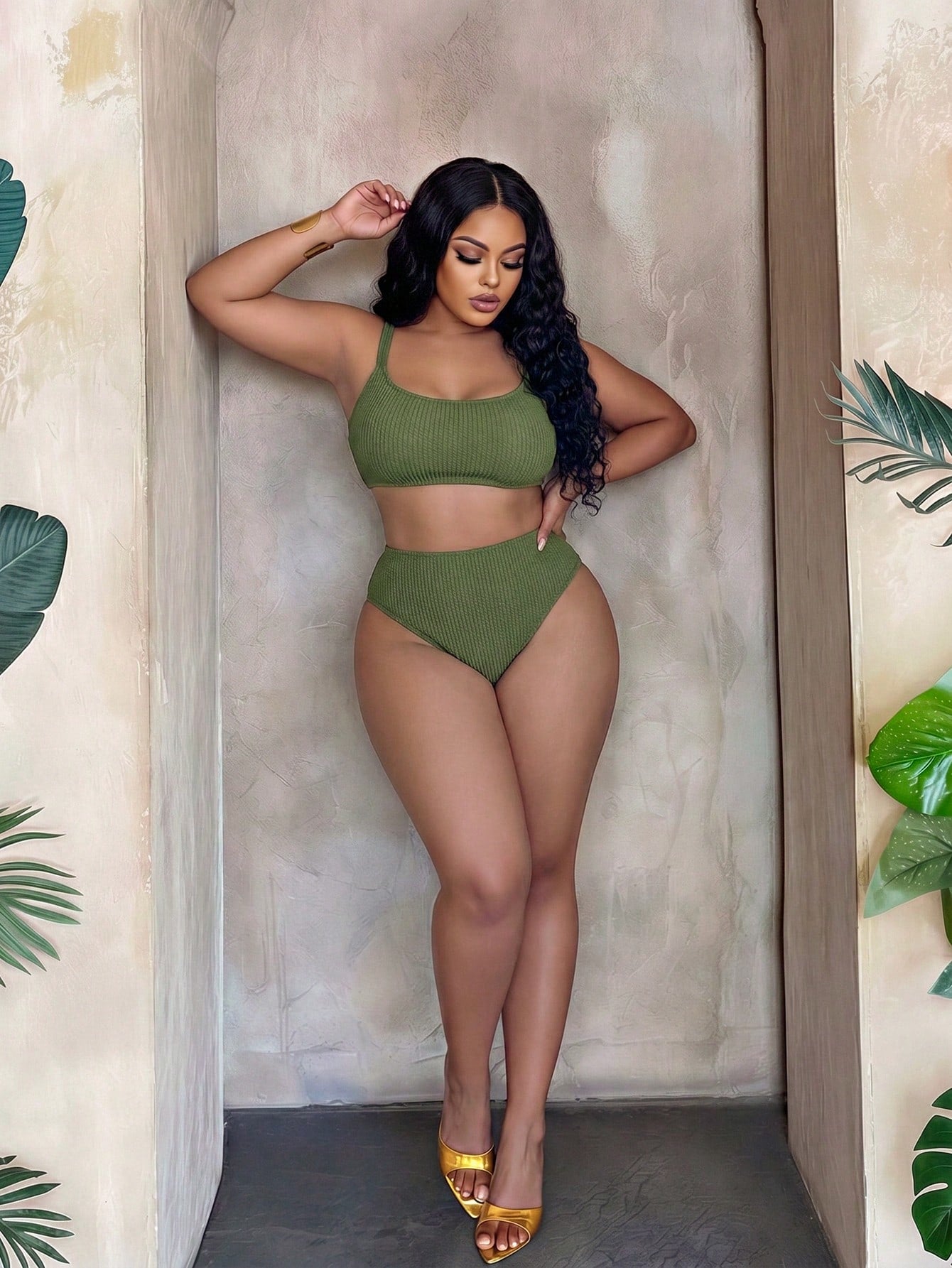 Slaydiva 2026 New Beach Vacation Minimalist Thick Adjustable Shoulder Strap Olive Green 2 Pieces Swimsuit Plus Size Swimwear Set