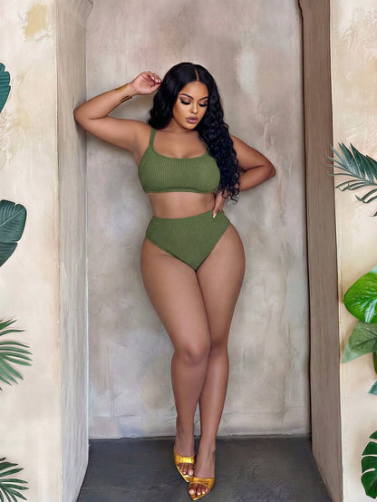 Slaydiva 2026 New Beach Vacation Minimalist Thick Adjustable Shoulder Strap Olive Green 2 Pieces Swimsuit Plus Size Swimwear Set