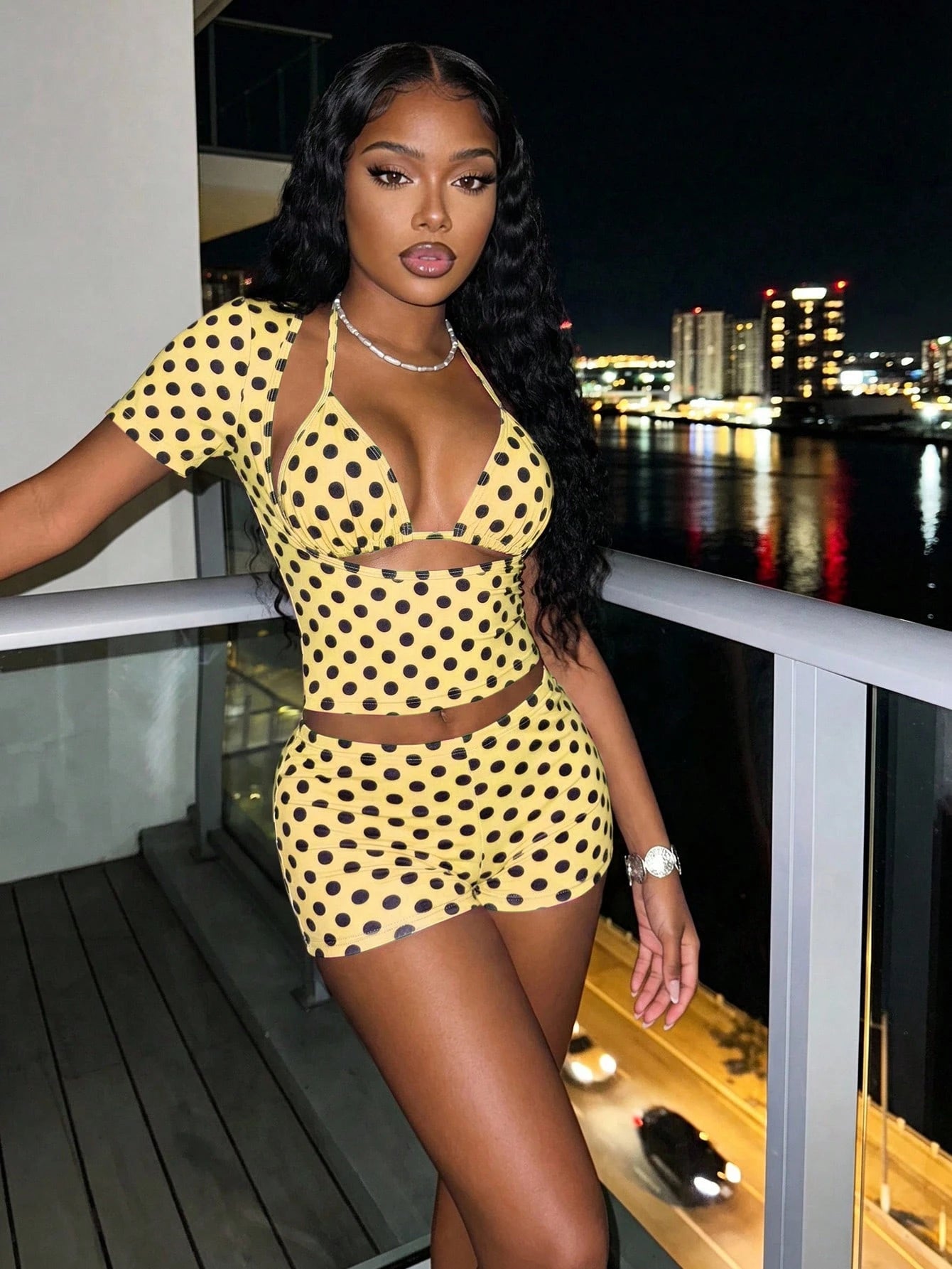 Slaydiva 2026 New Casual Vacation Beach Elegant Sexy Polka Dot Tie Front Hollow Out Top With Bikini Top And Shorts Swimsuit 2-Piece Set Swimsuits For Women