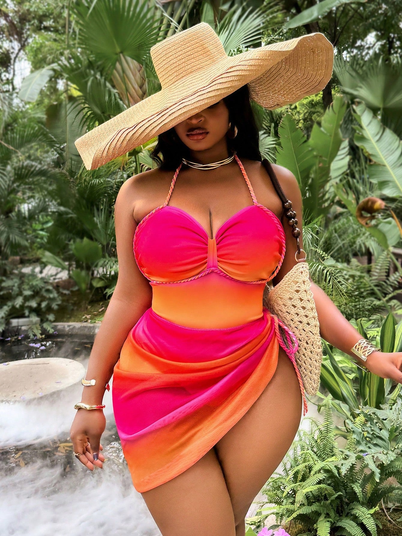 Slaydiva 2026 New Ombre Color Halter One-Piece Swimsuit, Plus Size Women Beach Vacation Outfit With Cover-Up Skirt, Spring/Summer