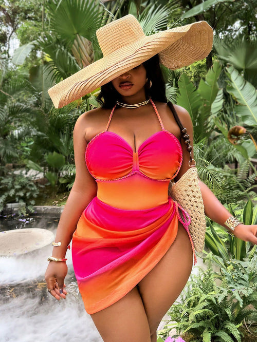 Slaydiva 2026 New Ombre Color Halter One-Piece Swimsuit, Plus Size Women Beach Vacation Outfit With Cover-Up Skirt, Spring/Summer