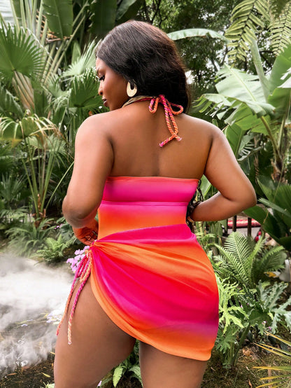 Slaydiva 2026 New Ombre Color Halter One-Piece Swimsuit, Plus Size Women Beach Vacation Outfit With Cover-Up Skirt, Spring/Summer