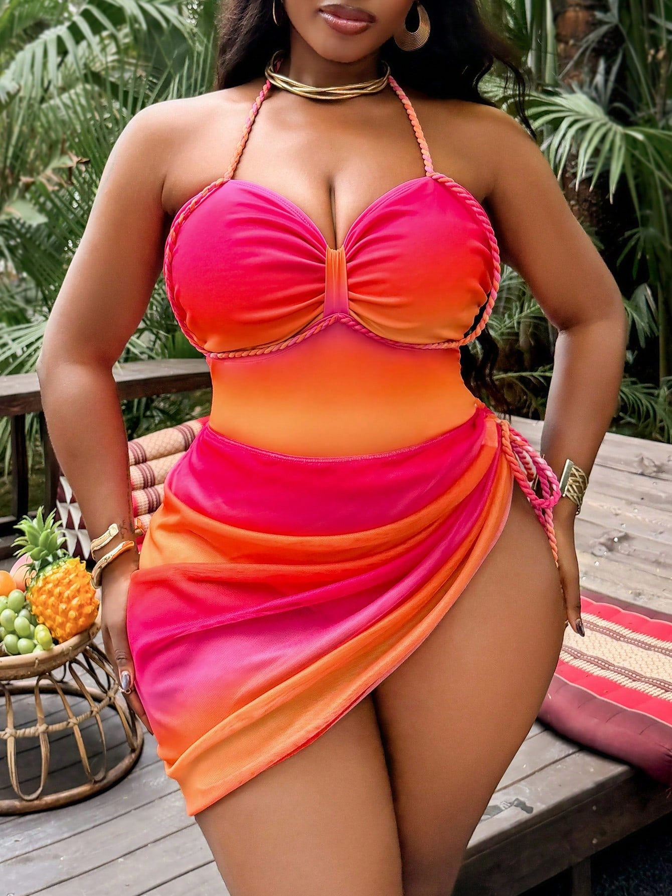 Slaydiva 2026 New Ombre Color Halter One-Piece Swimsuit, Plus Size Women Beach Vacation Outfit With Cover-Up Skirt, Spring/Summer
