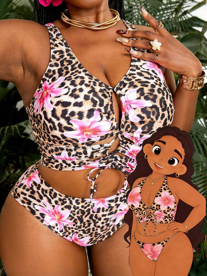 Slaydiva 2026 New Summer Beach Vacation Sexy Floral & Leopard Print Tie-Up Design Plus Size Swimwear Set