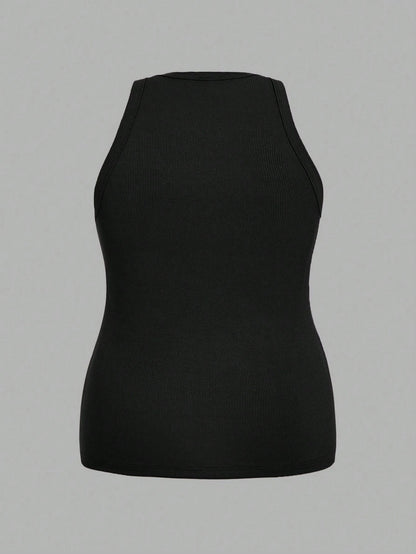 Slaydiva 2pcs Casual Minimalist Black & White Plus Size Cami Set Back To School, Spring Break