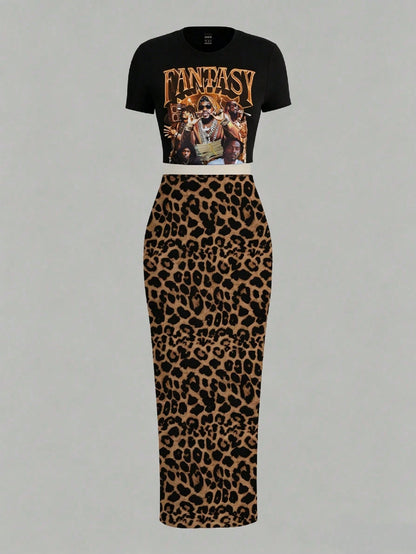 Slaydiva 2pcs/Set Fitted Short Sleeve Crew Neck T-Shirt And Bodycon Maxi Skirt