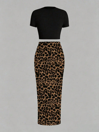 Slaydiva 2pcs/Set Fitted Short Sleeve Crew Neck T-Shirt And Bodycon Maxi Skirt