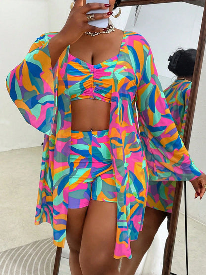 Slaydiva 3pcs Plus Size Swimwear Set, Random Printed Cover-Up, Casual Summer Beach Outfit For Women