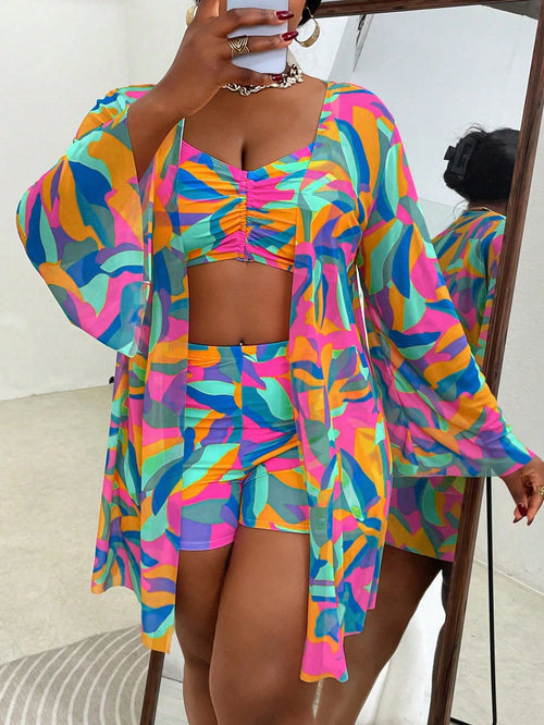 Slaydiva 3pcs Plus Size Swimwear Set, Random Printed Cover-Up, Casual Summer Beach Outfit For Women