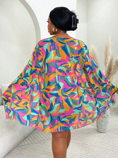 Slaydiva 3pcs Plus Size Swimwear Set, Random Printed Cover-Up, Casual Summer Beach Outfit For Women