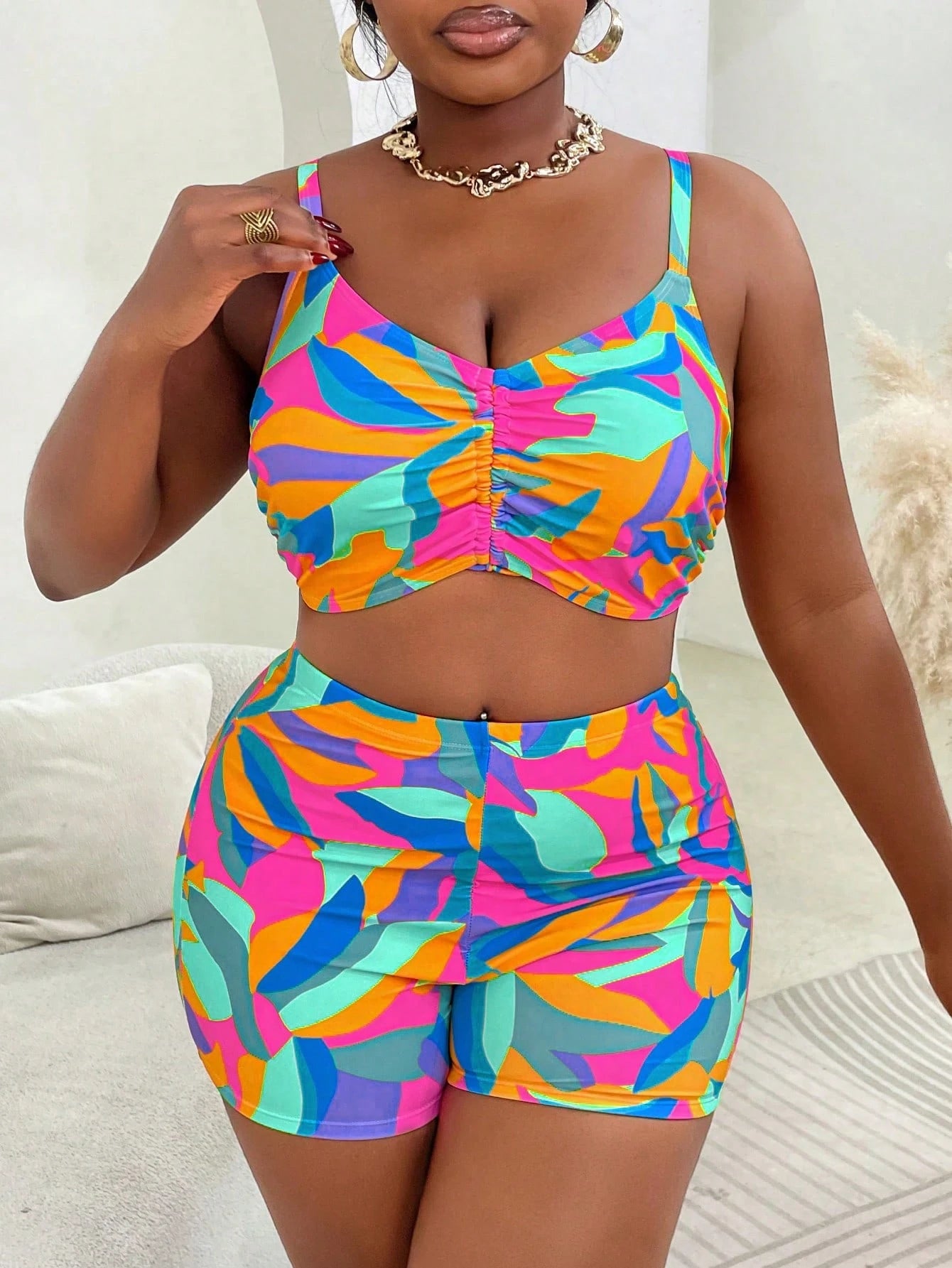 Slaydiva 3pcs Plus Size Swimwear Set, Random Printed Cover-Up, Casual Summer Beach Outfit For Women