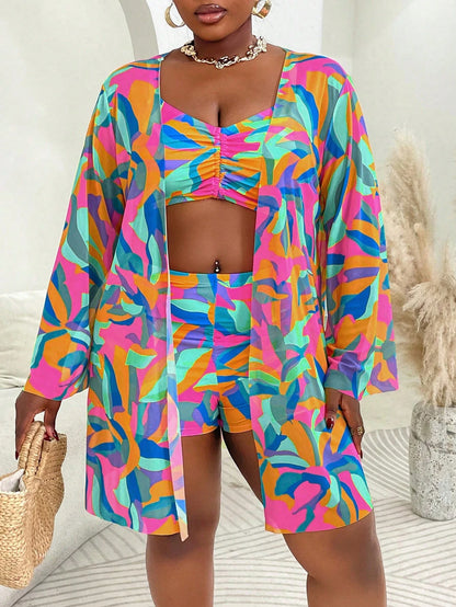 Slaydiva 3pcs Plus Size Swimwear Set, Random Printed Cover-Up, Casual Summer Beach Outfit For Women
