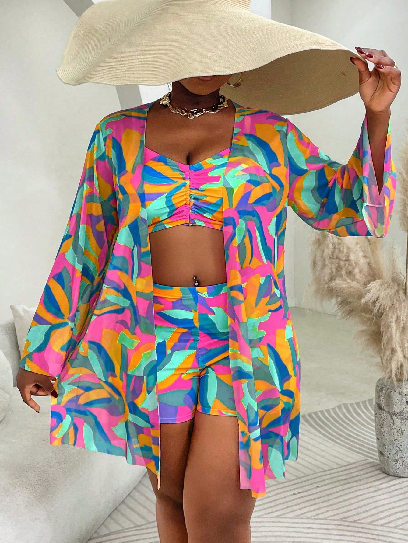 Slaydiva 3pcs Plus Size Swimwear Set, Random Printed Cover-Up, Casual Summer Beach Outfit For Women