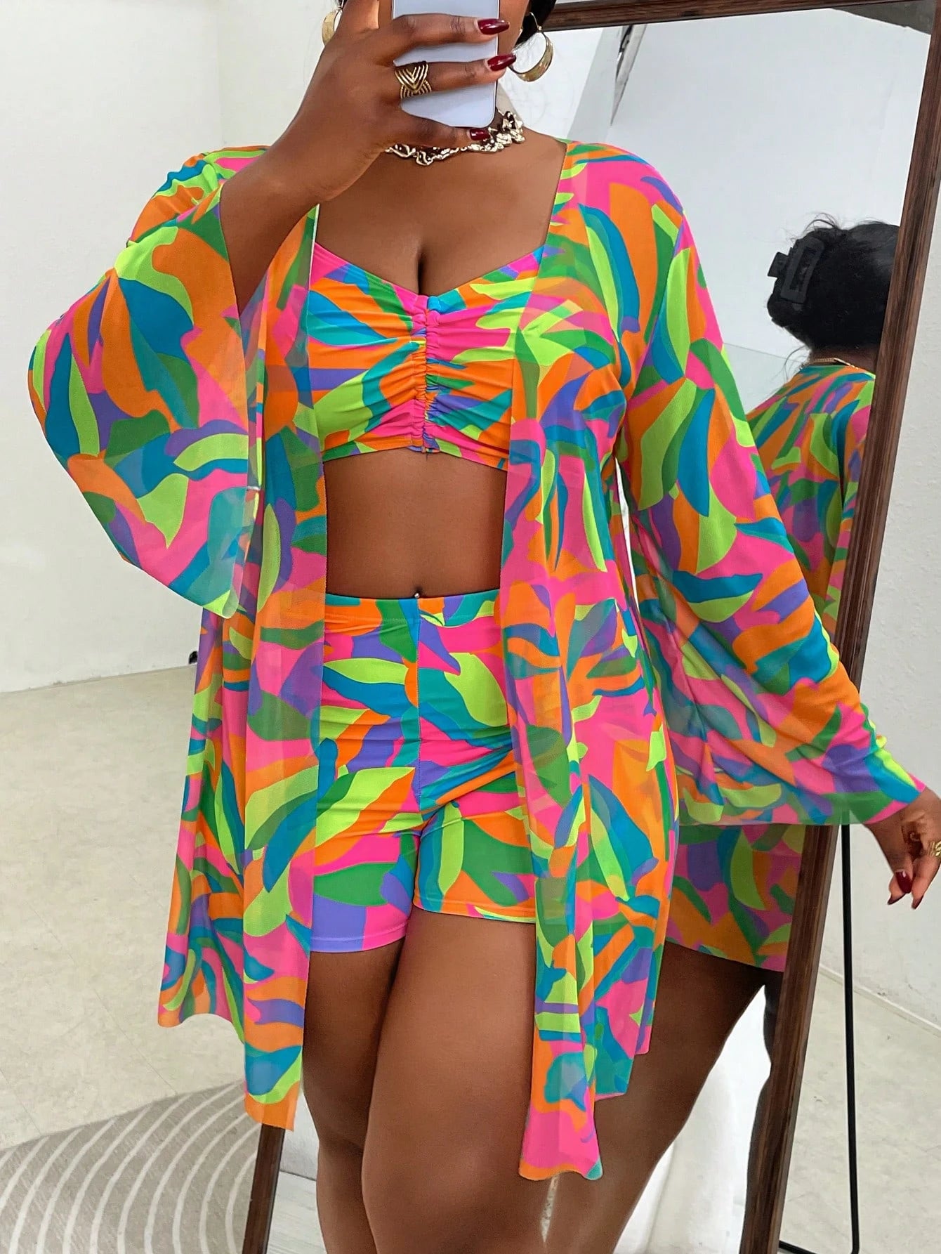 Slaydiva 3pcs Plus Size Swimwear Set, Random Printed Cover-Up, Casual Summer Beach Outfit For Women