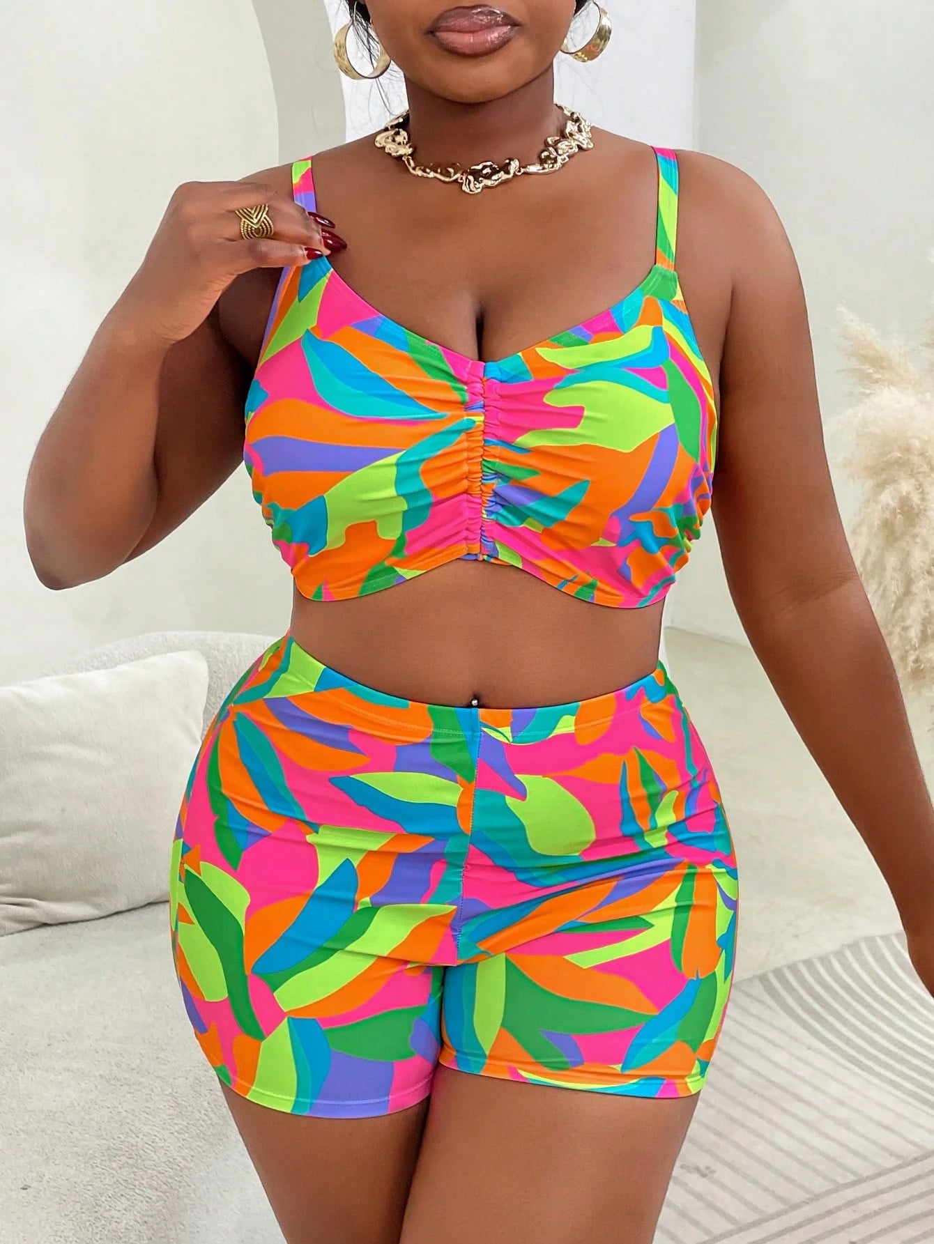 Slaydiva 3pcs Plus Size Swimwear Set, Random Printed Cover-Up, Casual Summer Beach Outfit For Women