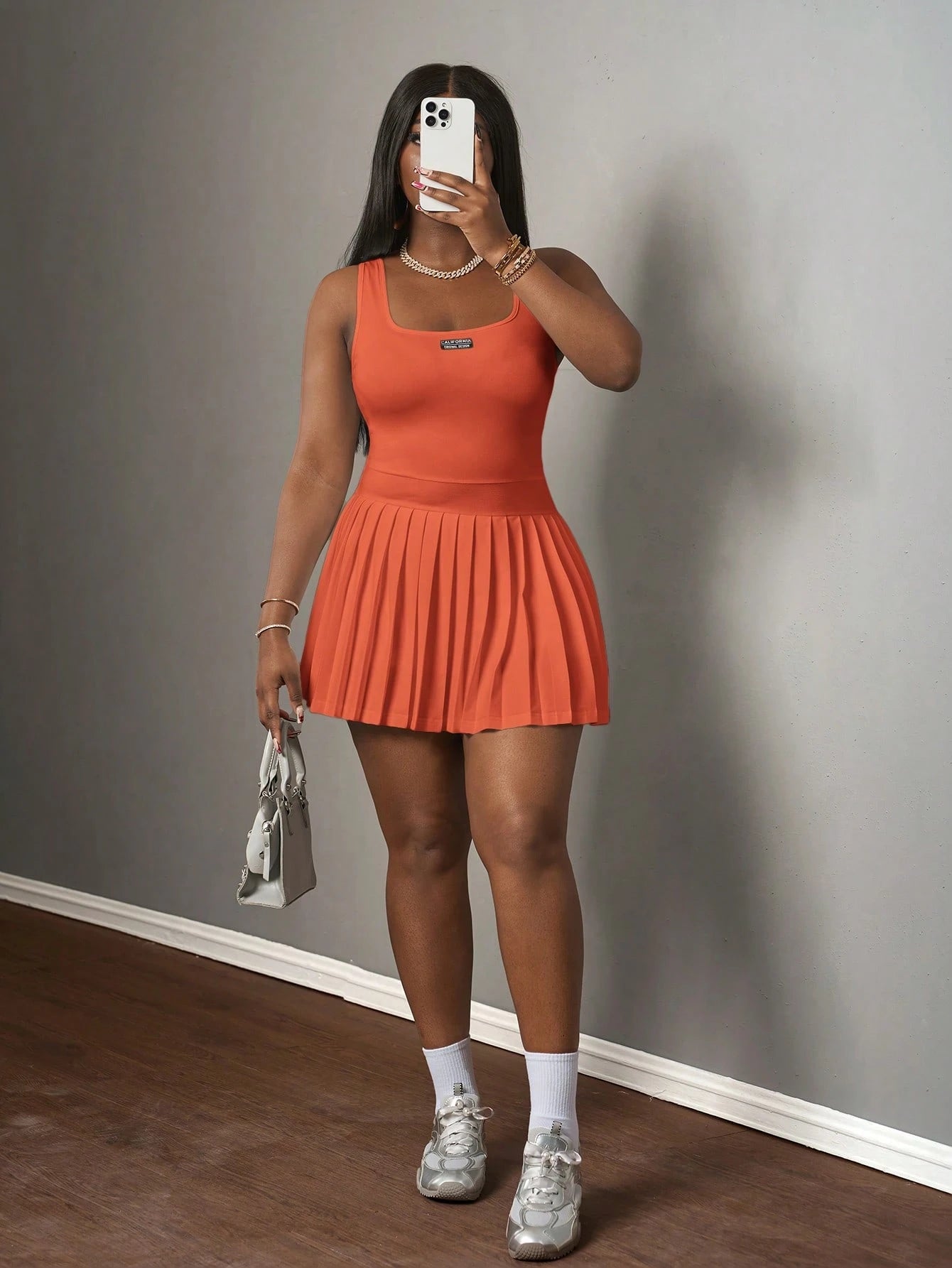 Slaydiva Burnt Orange Summer Casual City Break Women's U-Neck Racer Vest Pleated Skirt Mini Dress,White Words Black Label Knitted Fabric Shorts And Culottes