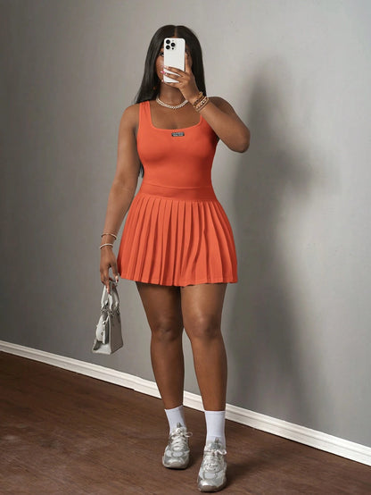 Slaydiva Burnt Orange Summer Casual City Break Women's U-Neck Racer Vest Pleated Skirt Mini Dress,White Words Black Label Knitted Fabric Shorts And Culottes