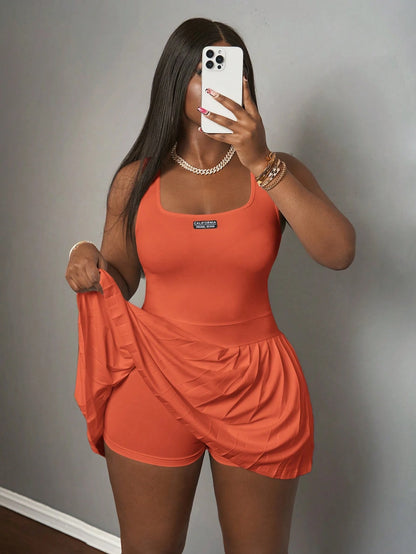 Slaydiva Burnt Orange Summer Casual City Break Women's U-Neck Racer Vest Pleated Skirt Mini Dress,White Words Black Label Knitted Fabric Shorts And Culottes