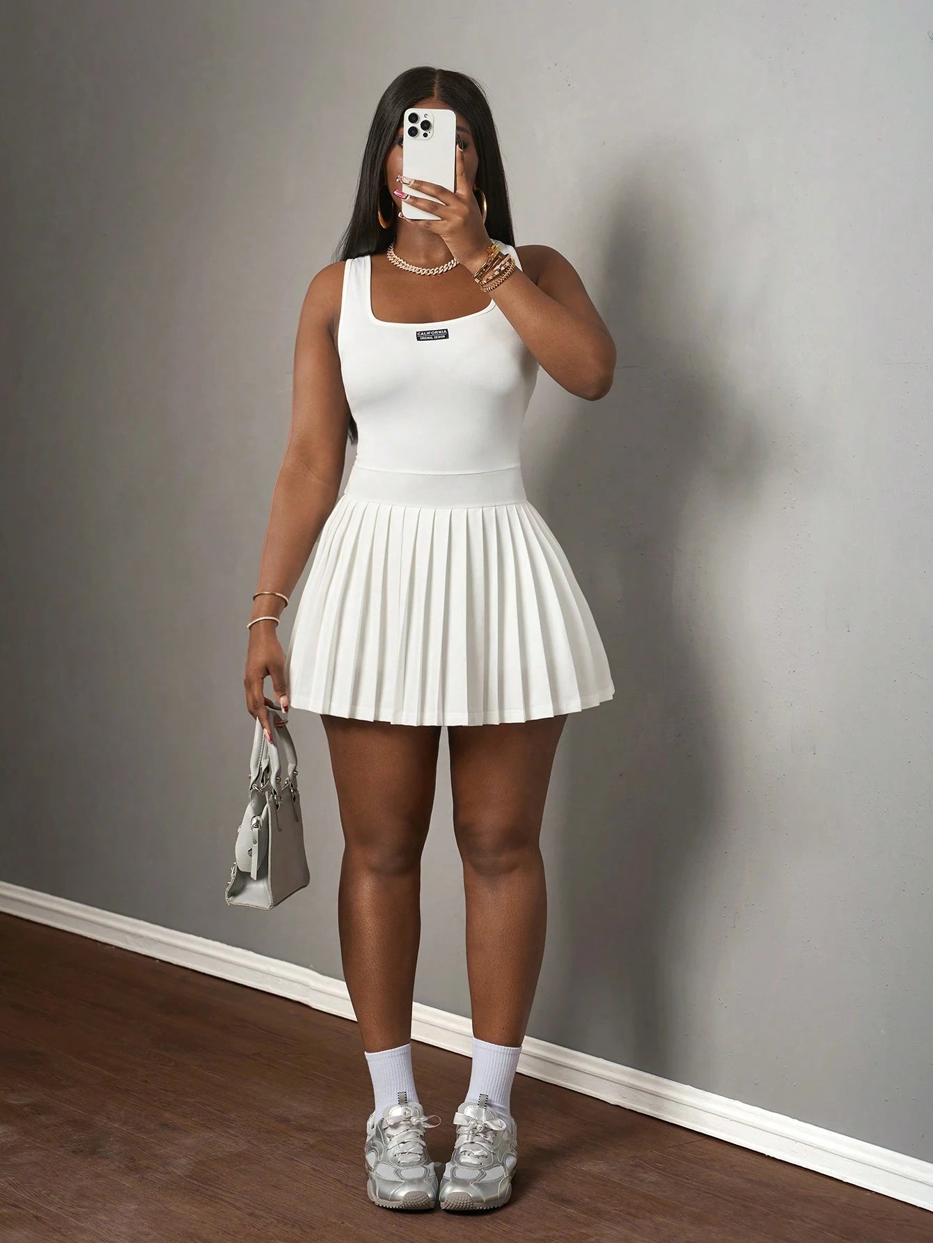 Slaydiva Burnt Orange Summer Casual City Break Women's U-Neck Racer Vest Pleated Skirt Mini Dress,White Words Black Label Knitted Fabric Shorts And Culottes