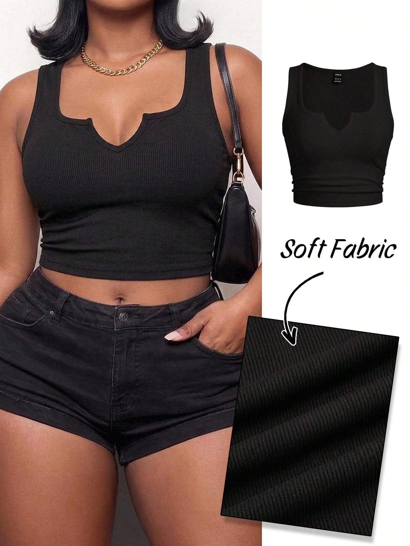 Slaydiva Casual Basic U-Neck Narrow Ribbed Padded Tank Top For Women Plus Size Regular Fit With Padding, Black, Sleeveless, Ribbed Texture