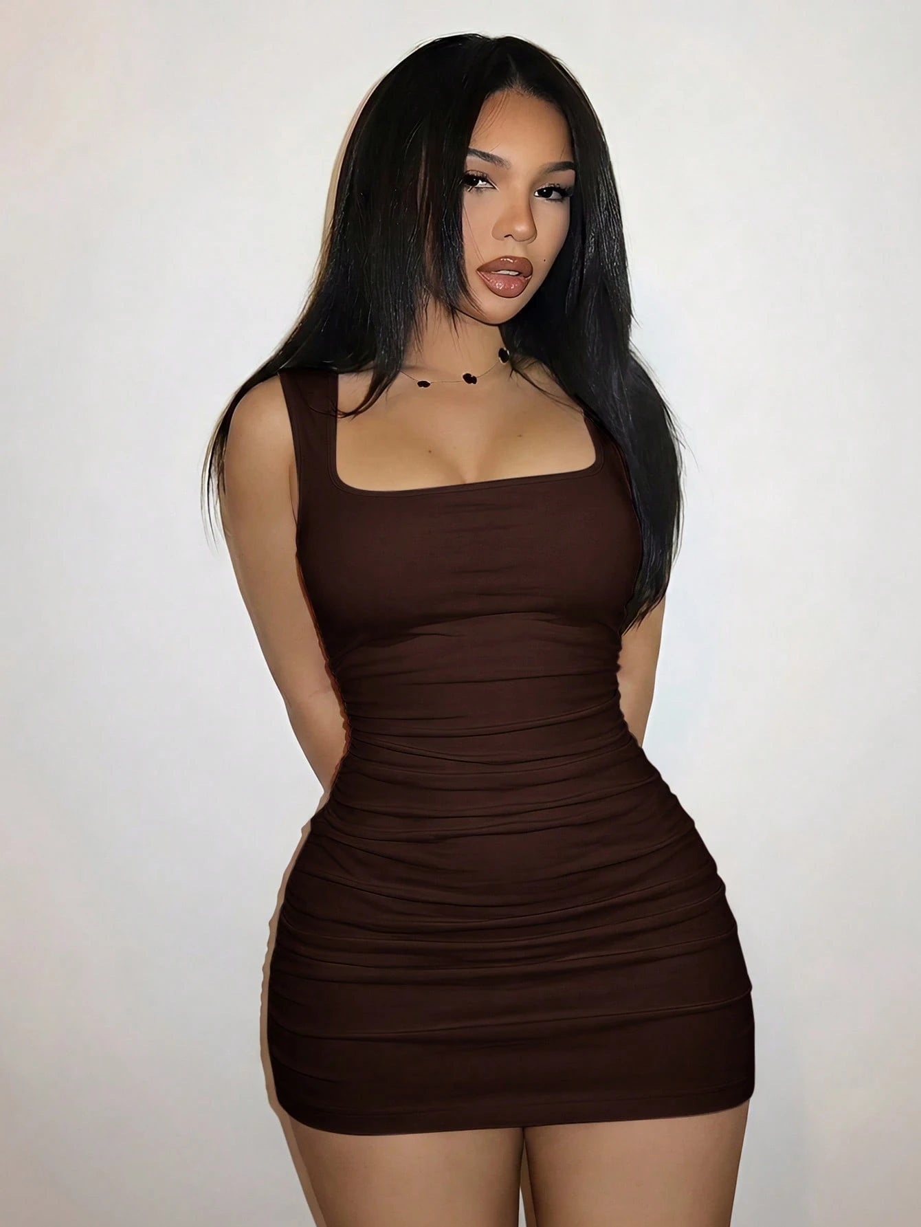 Slaydiva Dark Brown Summer Girly Club Night & Elegant Sleeveless Square Neck Slim Fit Pleated Mini Dress,Birthday Party Back To School Preppy Style Wear