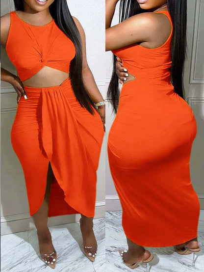 Slaydiva New Arrival Slim Fit Hollow Out Waist Twist Knot Long Dress-Holiday & Casual