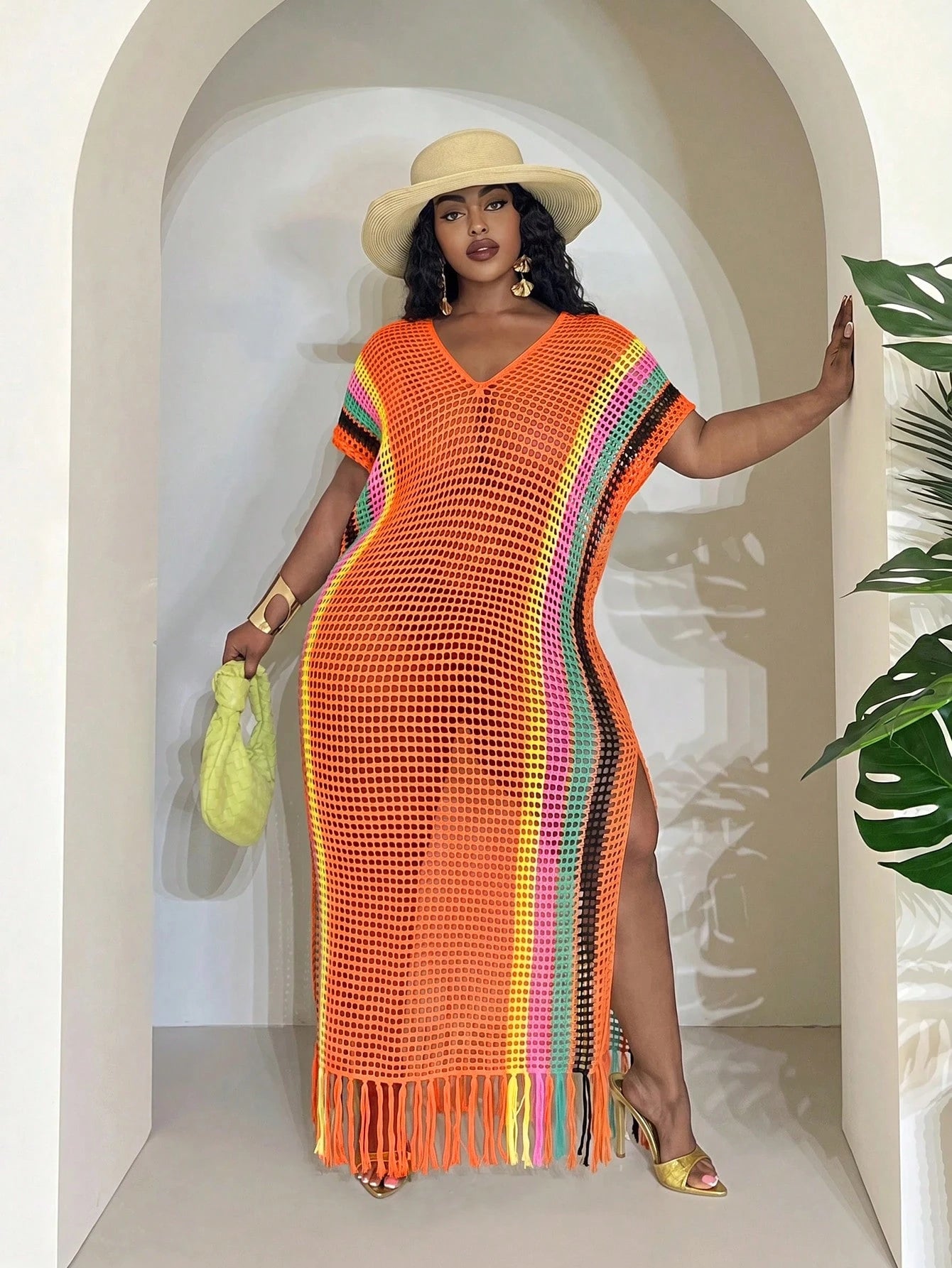 Slaydiva Orange,Summer,Boho,Beach,Holiday Lightweight Knit Crochet Beach Cover Up For Women,Plus Size Fairycore Festival Tropical Vacation Western Wear Outfit
