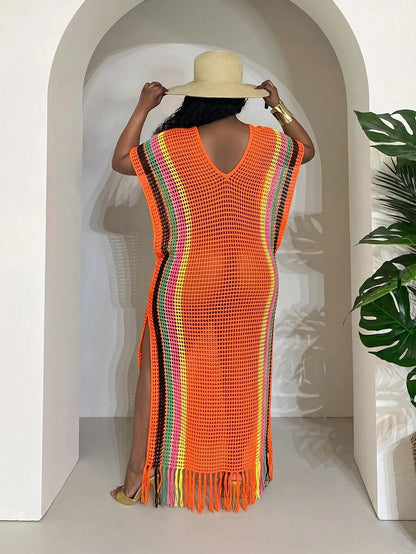 Slaydiva Orange,Summer,Boho,Beach,Holiday Lightweight Knit Crochet Beach Cover Up For Women,Plus Size Fairycore Festival Tropical Vacation Western Wear Outfit