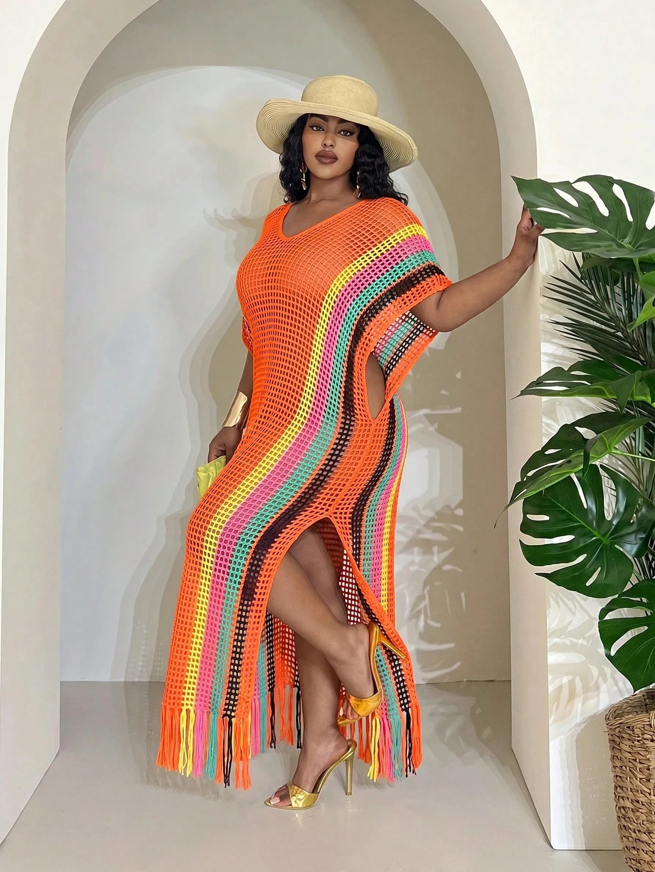 Slaydiva Orange,Summer,Boho,Beach,Holiday Lightweight Knit Crochet Beach Cover Up For Women,Plus Size Fairycore Festival Tropical Vacation Western Wear Outfit