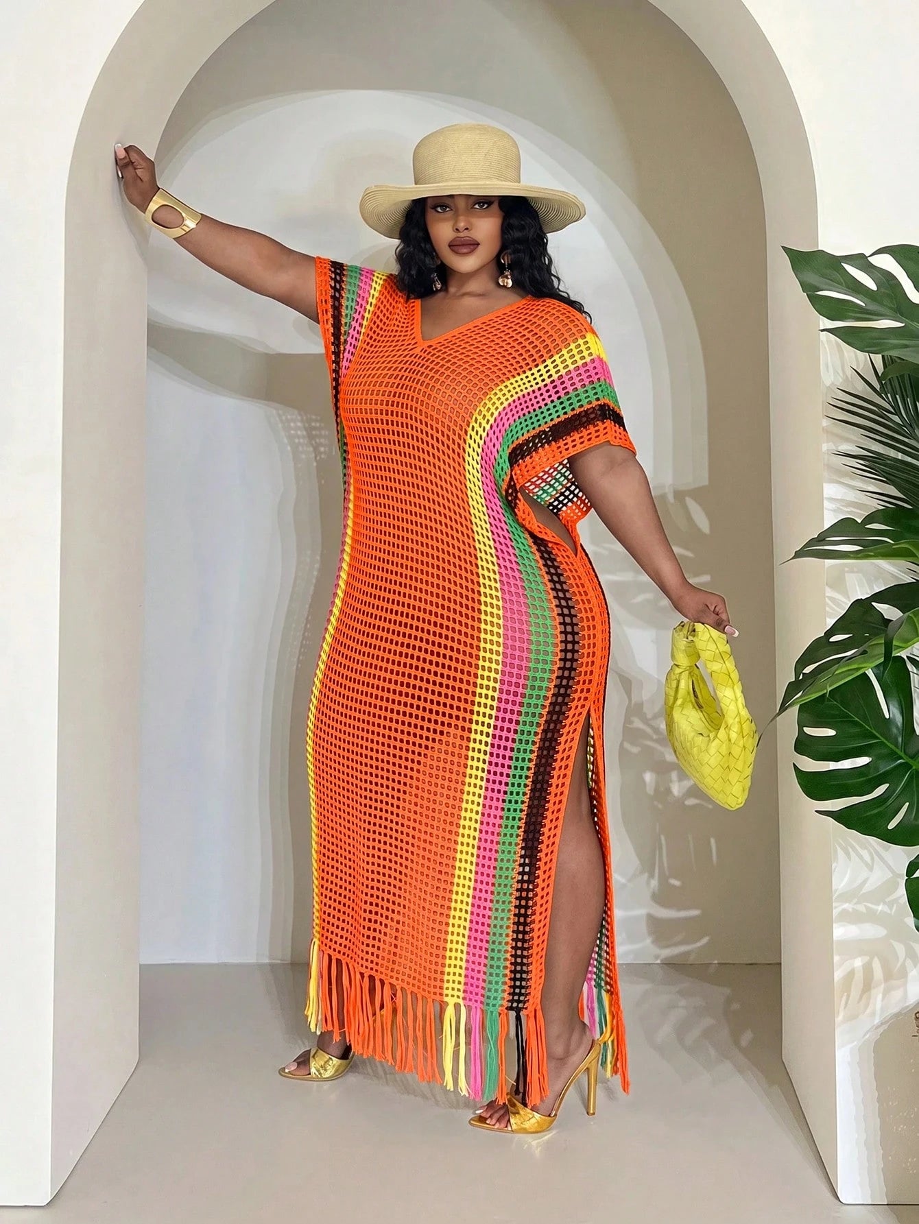 Slaydiva Orange,Summer,Boho,Beach,Holiday Lightweight Knit Crochet Beach Cover Up For Women,Plus Size Fairycore Festival Tropical Vacation Western Wear Outfit