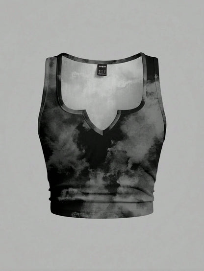 Slaydiva Plus Size Black Print Camisole Tank Top, Casual Streetwear Minimalist Style Suitable For Summer Club Night