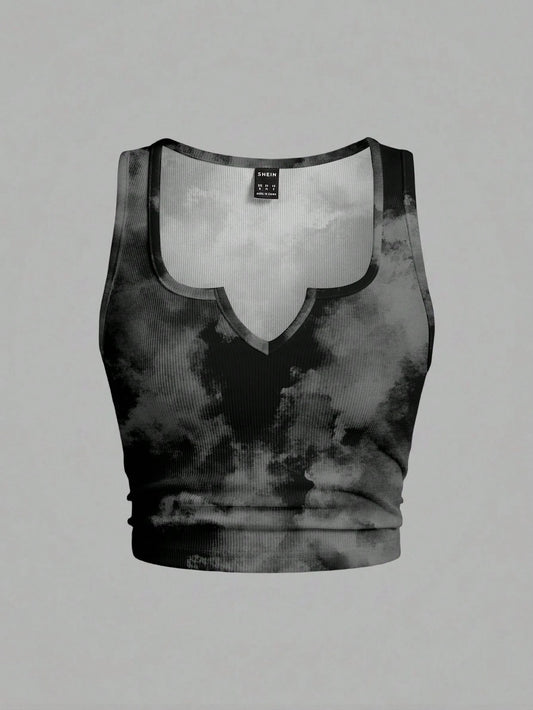 Slaydiva Plus Size Black Print Camisole Tank Top, Casual Streetwear Minimalist Style Suitable For Summer Club Night
