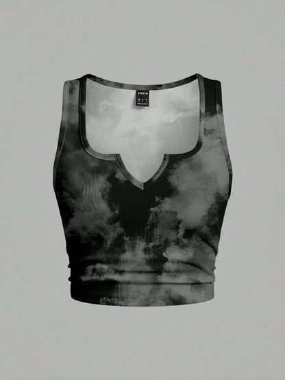 Slaydiva Plus Size Black Print Camisole Tank Top, Casual Streetwear Minimalist Style Suitable For Summer Club Night