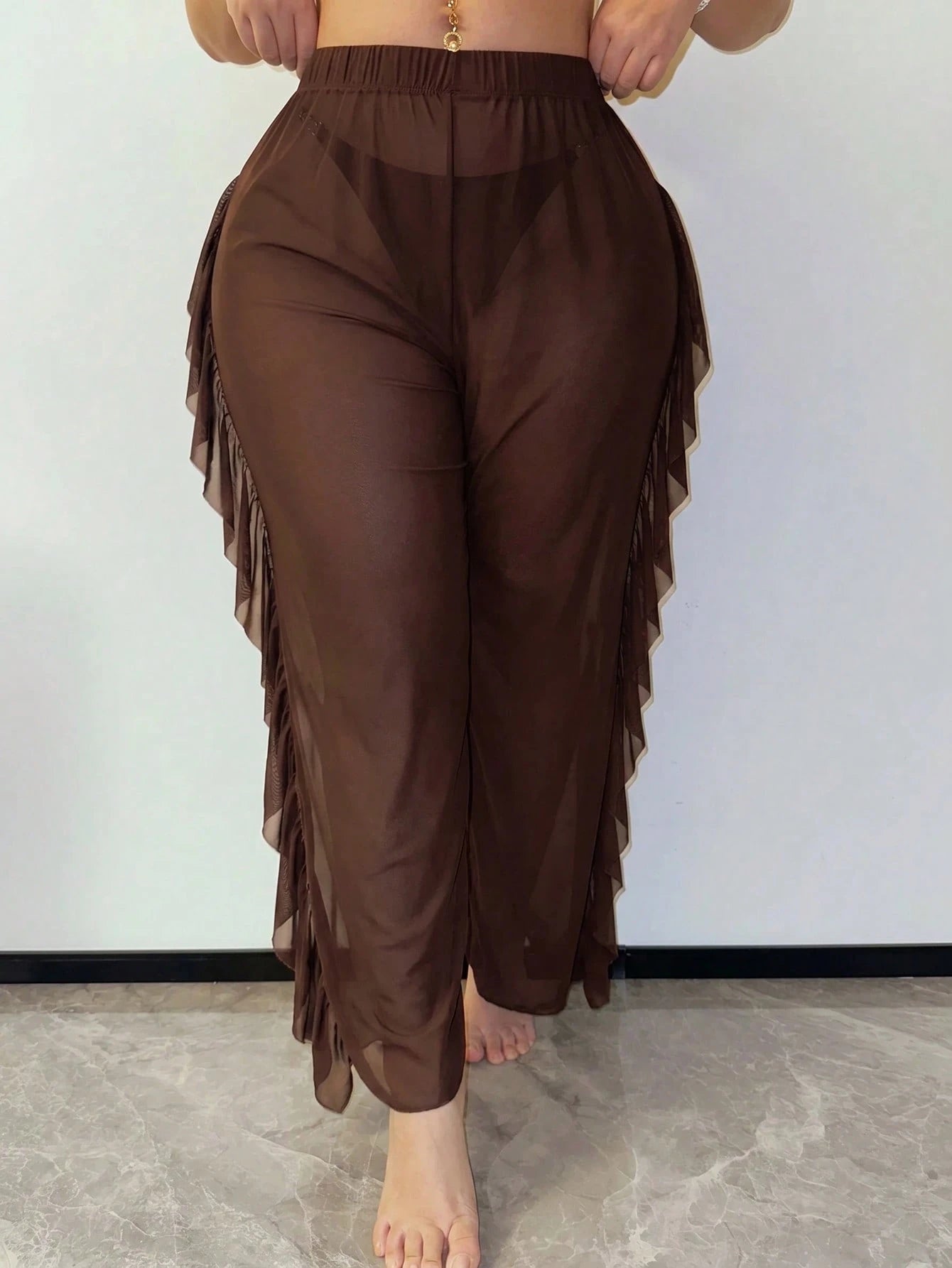 Slaydiva Plus Size Sheer Ruffle Trim Cover-Up Top And Pants