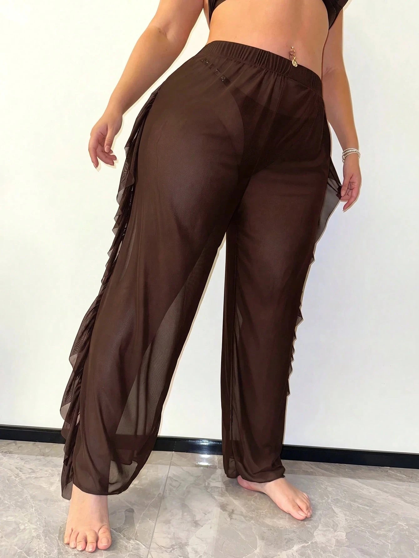 Slaydiva Plus Size Sheer Ruffle Trim Cover-Up Top And Pants