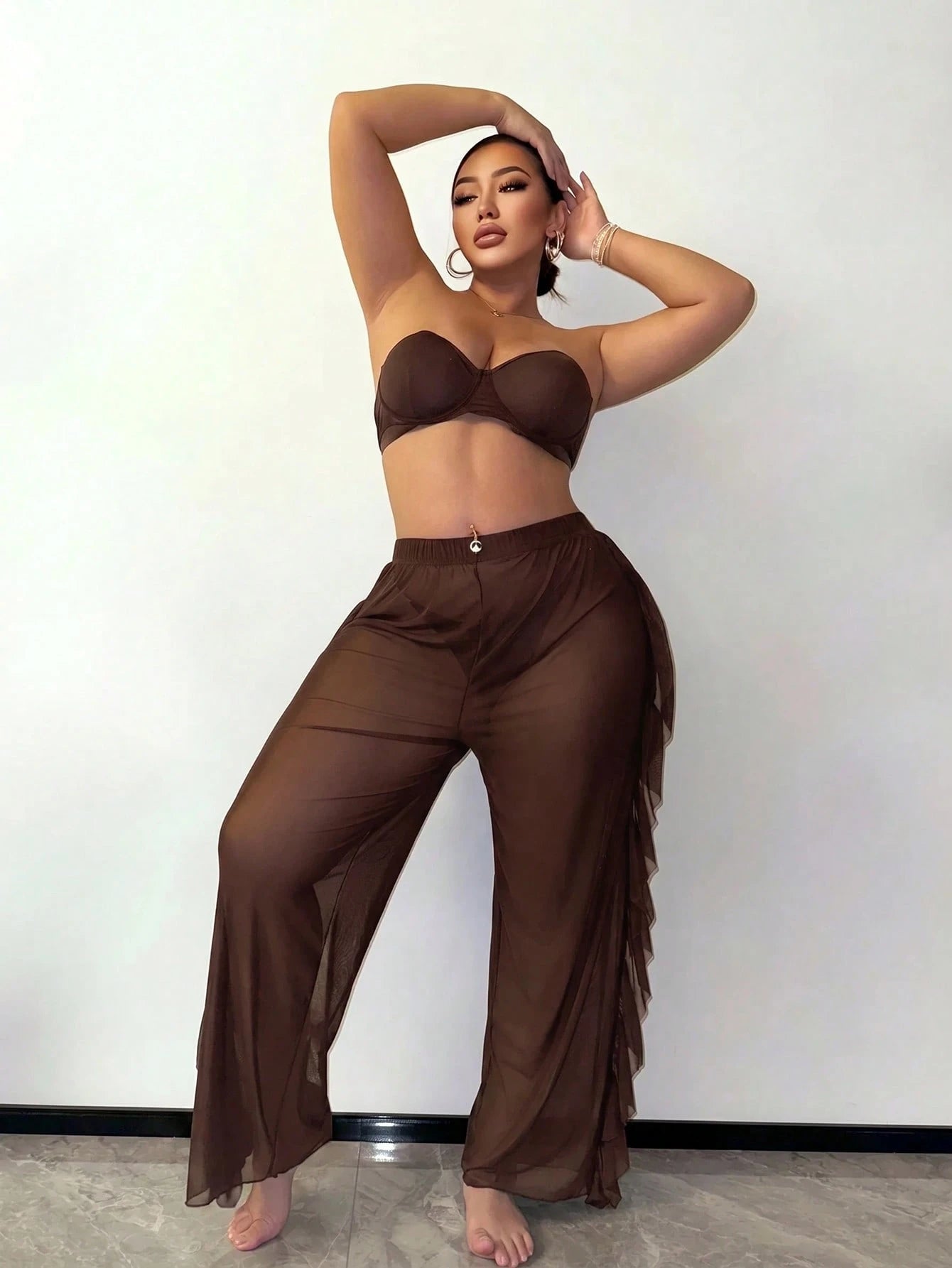 Slaydiva Plus Size Sheer Ruffle Trim Cover-Up Top And Pants