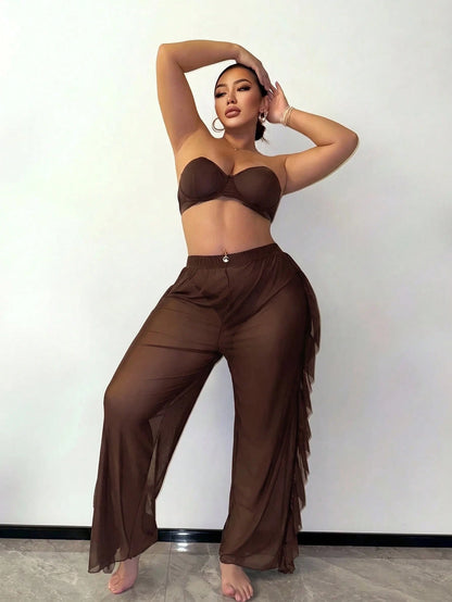 Slaydiva Plus Size Sheer Ruffle Trim Cover-Up Top And Pants