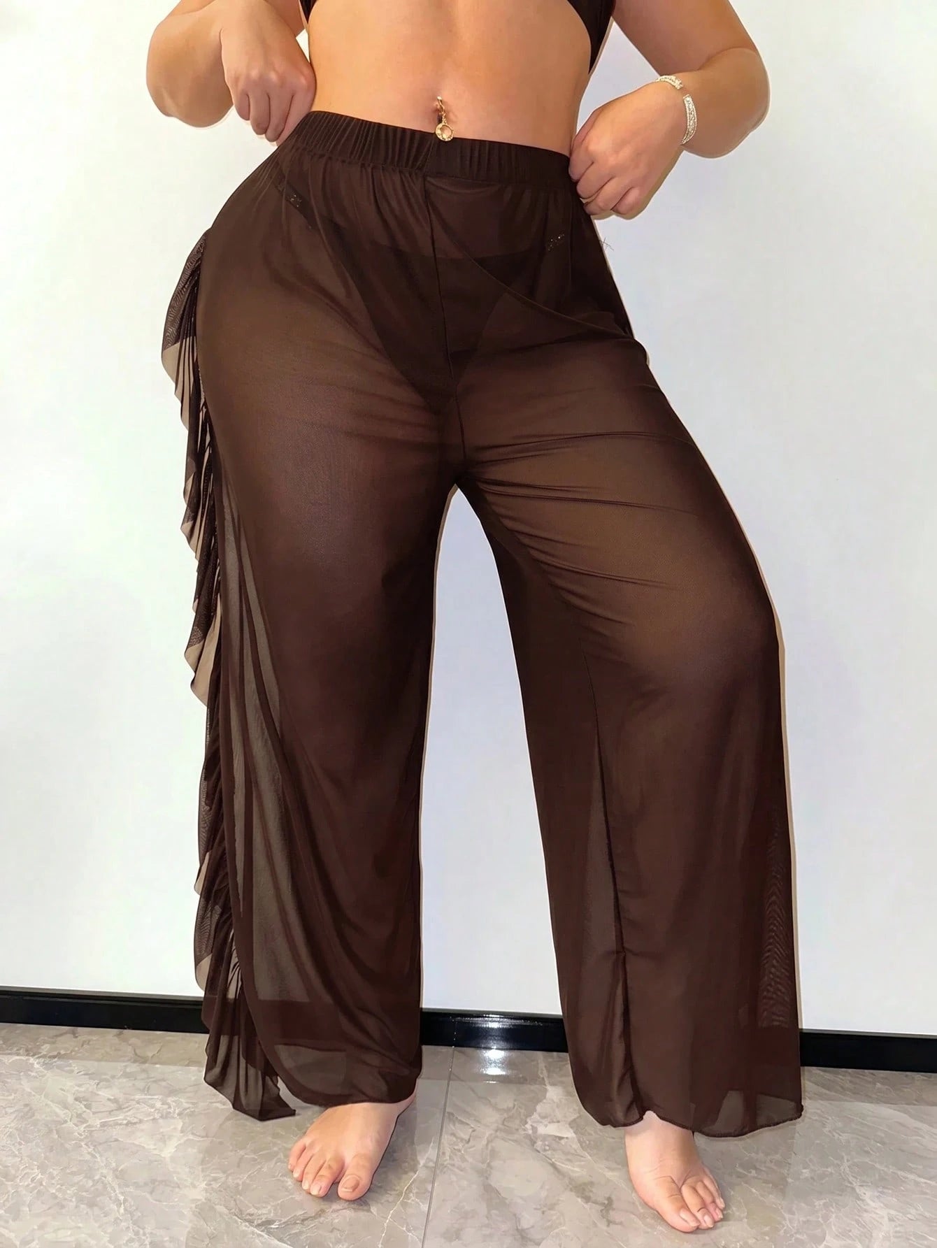 Slaydiva Plus Size Sheer Ruffle Trim Cover-Up Top And Pants