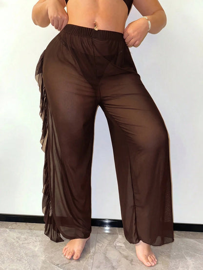 Slaydiva Plus Size Sheer Ruffle Trim Cover-Up Top And Pants